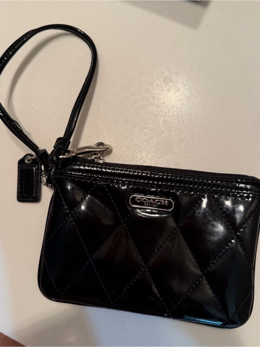 Coach Black Quilted Patent Wristlet with Strap 6” x4”